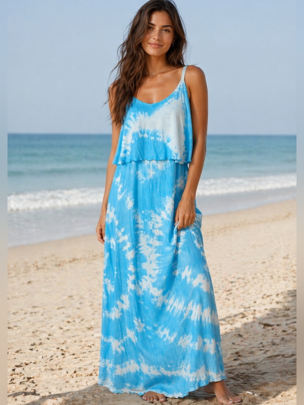 Santiki Blue Tie-Dye Maxi Dress with Spaghetti Straps